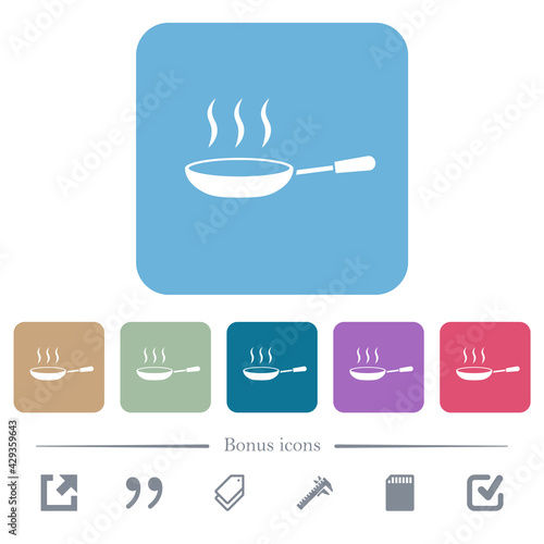 Steaming frying pan flat icons on color rounded square backgrounds