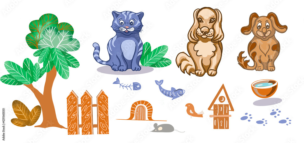 Cat Dog Cute Cartoon Childrens Hand Drawn Illustration Patern Seamless Print Textile Background Wallpaper Paper Pets Cat Food Bowl Food Cat Fish Skeleton Footprints Separately On A White Backgroun Stock Illustration