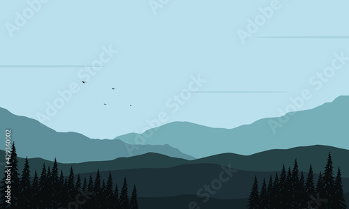 A cool morning in the countryside with a truly extraordinary mountain view. Vector illustration