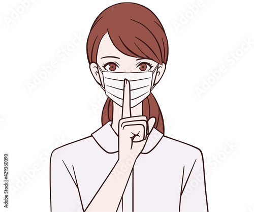 人差し指を口に当てるマスクをつけた看護師