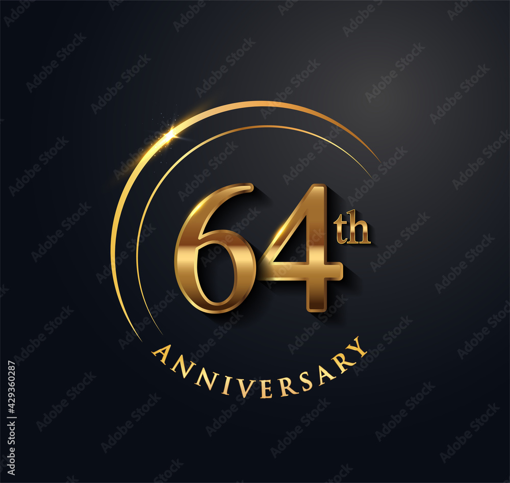 64th Anniversary Celebration. Anniversary logo with ring and elegance golden color isolated on black background, vector design for celebration, invitation card, and greeting card.
