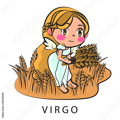 Zodiac sign of Virgo cute girl illustration vector, August 23 - September 22. Future telling, horoscope, alchemy, spirituality, occultism, fashion.