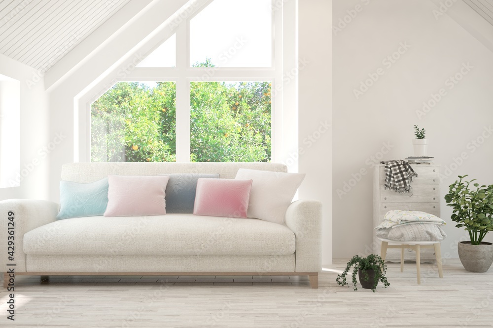 Fototapeta premium White living room with sofa and summer landscape in window. Scandinavian interior design. 3D illustration