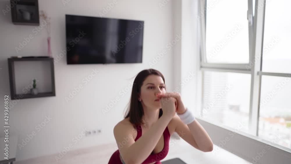 Athletic woman doing squats in her living room, wearing sportswear Athletic woman doing squats in her living room, wearing sportswear