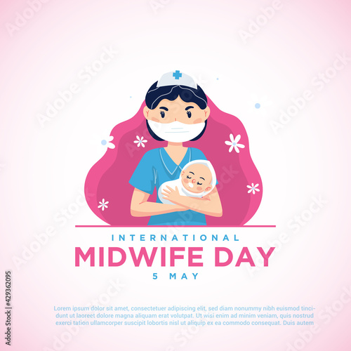 Vector illustration of a midwife holding a baby, as a banner, poster or template for international midwife's day.