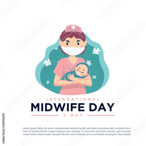 Vector illustration of a midwife holding a baby, as a banner, poster or template for international midwife's day.