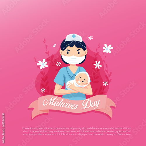 Vector illustration of a midwife holding a baby, as a banner, poster or template for international midwife's day.