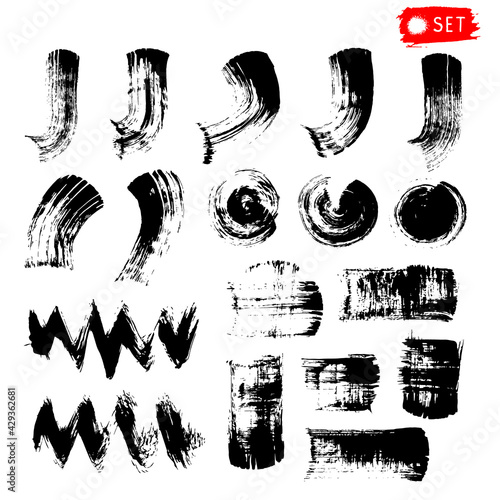 Set of black ink paints, brushes, etc. Grunge element design. Vector illustration. Isolated on white background. 