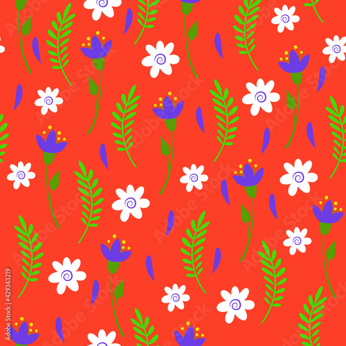 Seamless pattern. Stylized flowers and leaves on a orange background.
