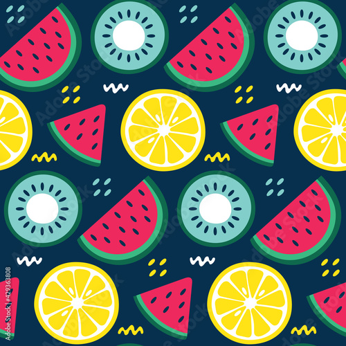 Seamless cute vector floral summer pattern with fruits: lemon, watermelon, kiwi