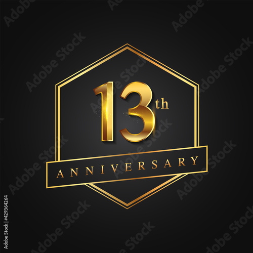 13th Anniversary Celebration. Anniversary logo with hexagon and elegance golden color isolated on black background, vector design for celebration, invitation card, and greeting card