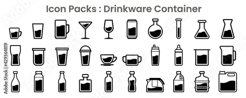 Icon packs of drinkware container and liquor figure in black thin outline illustration vector