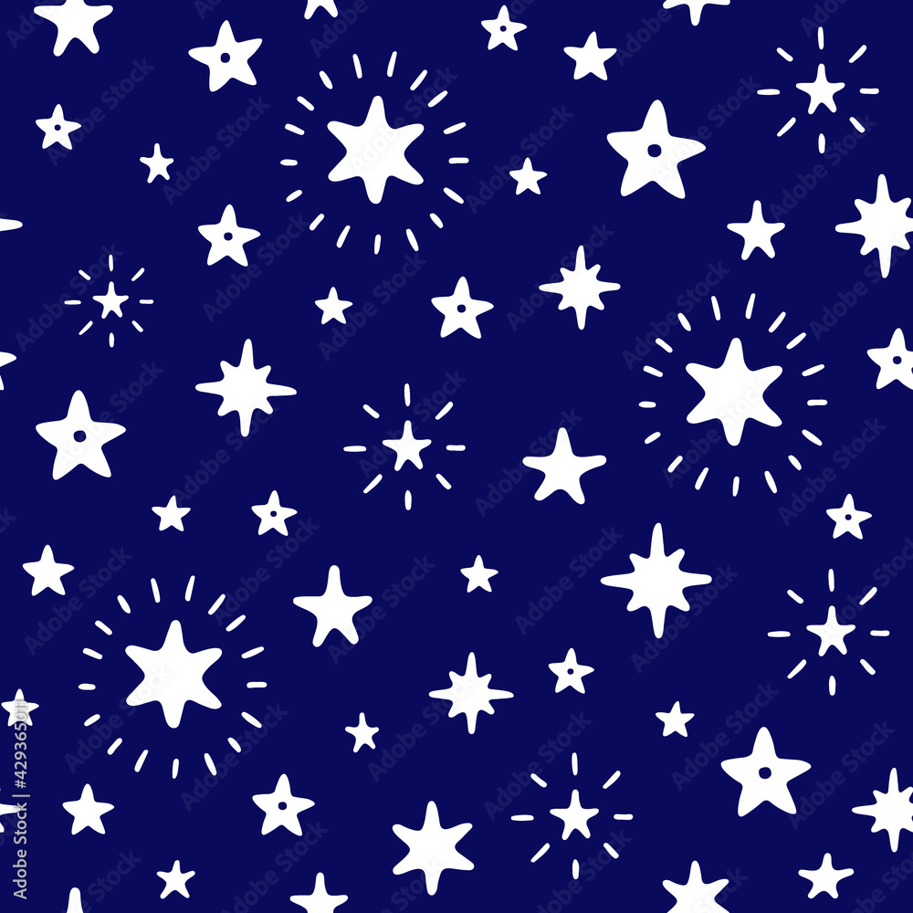Doodle starry night sky vector seamless pattern. White silhouettes on a dark blue background. Hand Drawn endless magic print with stars. Doodle starry night sky vector seamless pattern. White silhouettes on a dark blue background. Hand Drawn endless magic print with stars.