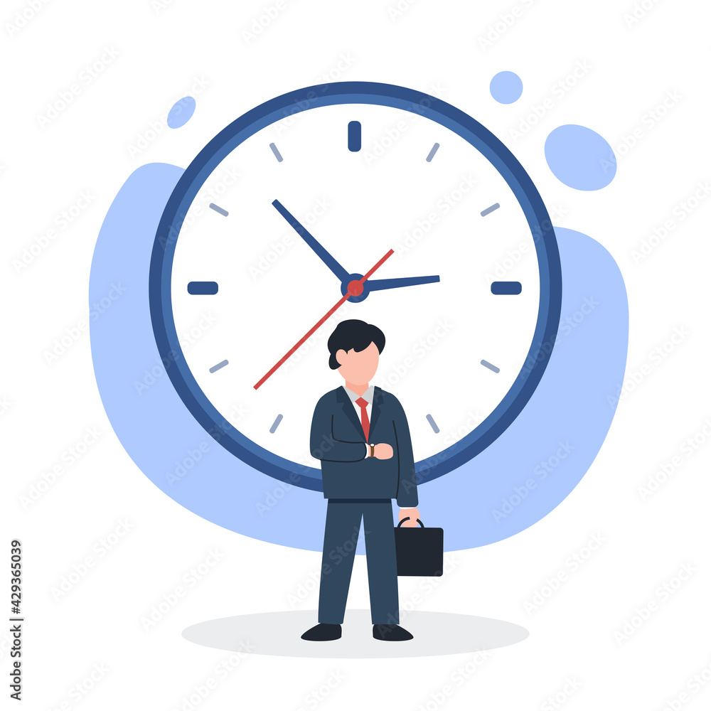Businessman looks at his hand watch with the clock behind. The creative concept idea of time management in business. Simple trendy cute vector illustration. Modern and minimal flat style graphic icon.