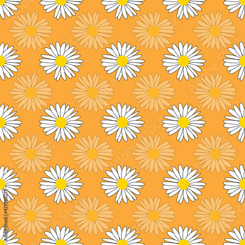 Daisy flowers vector seamless pattern on orange background