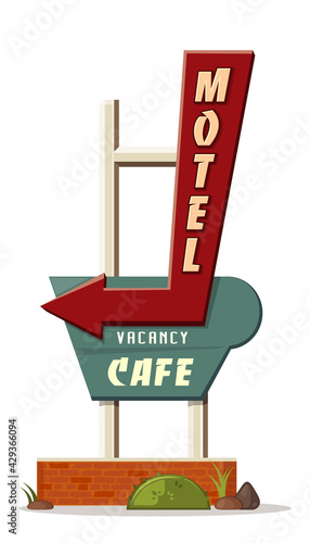 large street sign with the inscription - Motel Vacancy Cafe. Signpost for Motel in retro style. Vector illustration isolated on white