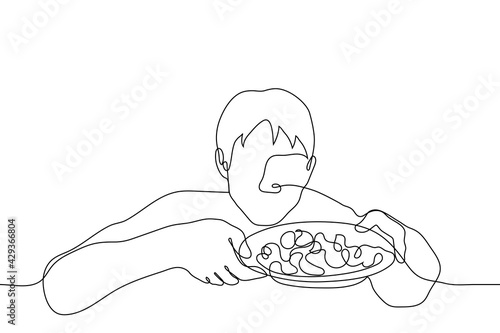 man shows the contents of his plate - one line drawing vector. the blogger shows his food to the camera to viewers during the stream. online cooking