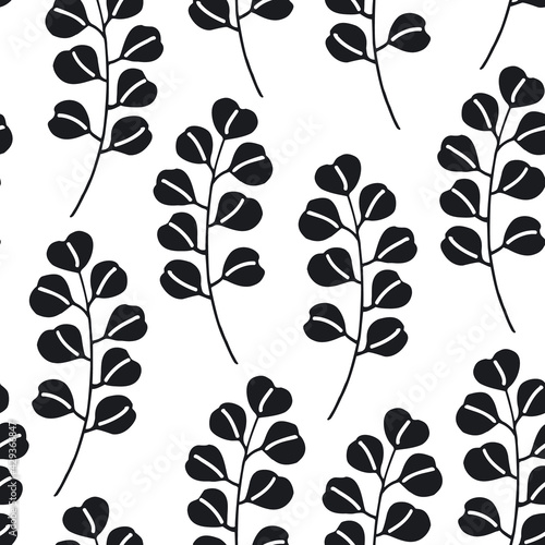 black and white floral seamless pattern, endless repeatable plant texture, vector illustration background