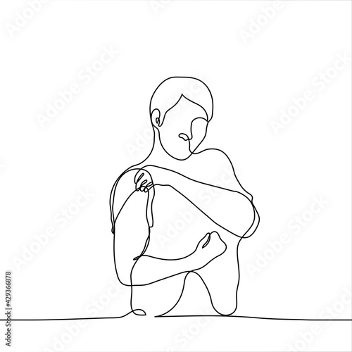 man shows biceps - one line drawing vector. handsome man lifted his t-shirt sleeve to show his shoulder muscles