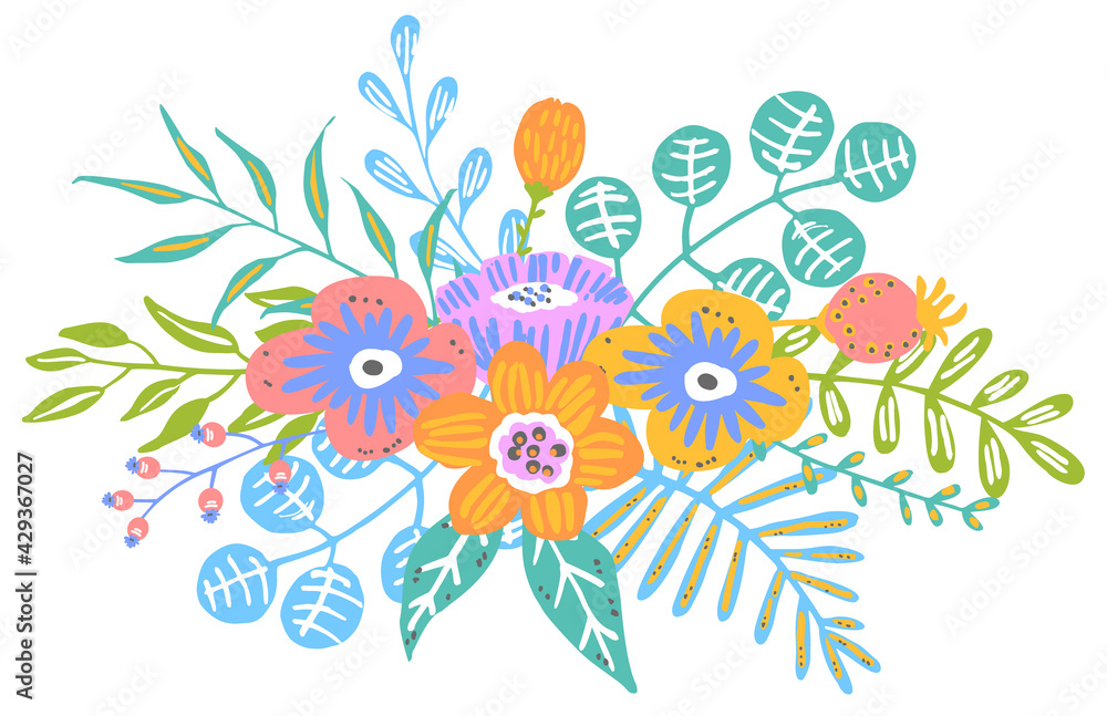colorful floral flowers branches twigs bouquet, isolated vector illustration