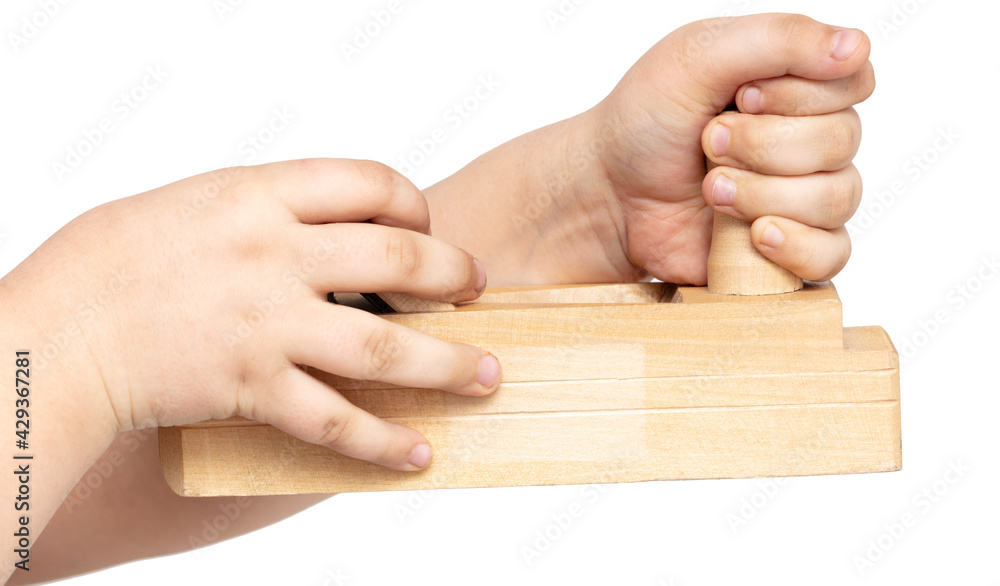 Wooden plane in hands isolated on a white background.