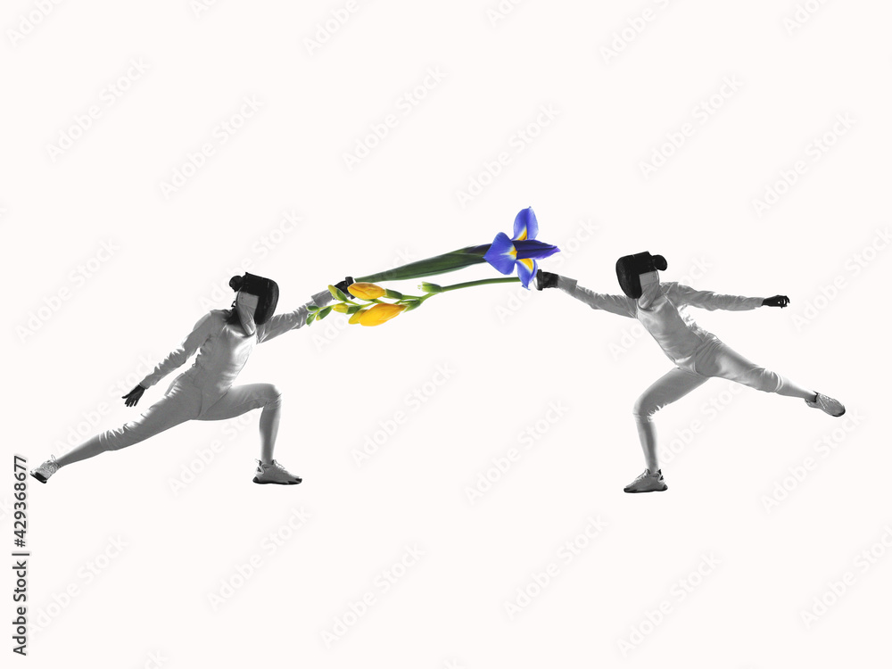 Contemporary art collage, modern design. Summer mood. Two fencing girls using flowers for fighting on white Contemporary art collage, modern design. Summer mood. Two fencing girls using flowers for fighting on white
