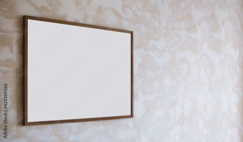 Perspective view, landscape wooden frame on soft wallpaper Perspective view, landscape wooden frame on soft wallpaper