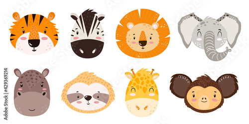 Set of cute safari animal faces. African wild animals isolated on white background. Hand drawn cartoon style vector illustration for kids. Lion, tiger, hippo, zebra, giraffe, monkey, elephant, sloth
