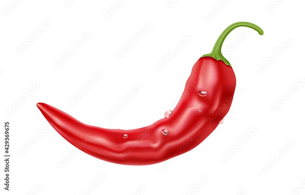 Realistic red hot chili pepper with drops, hot spice, vector icon, food ingredient and vegetable food. Realistic red hot chili pepper with drops, hot spice, vector icon, food ingredient and vegetable food.