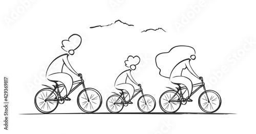 Vector Hand Drawn Cute family riding bicycles. Leisure and Sports outdoor activity. Sketch line design