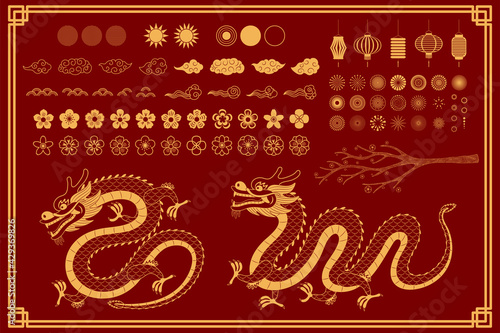 Chinese, Asian dragon traditional oriental gold elements collection, clouds, fireworks, flowers, sun, tree branch, lanterns. Isolated on green. Hand drawn vector illustration. Eastern style line art.