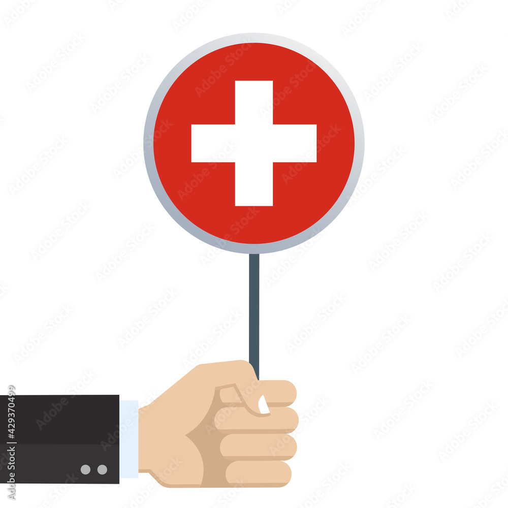 Obraz premium Switzerland circular flag. Hand holding round Swiss flag. Red National symbol with cross. Vector illustration. 