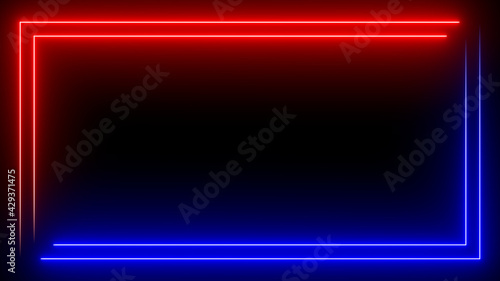 Sci Fy neon glowing lines on black background. Blank background in the center. Simple neon frame. 3d rendering image. © Andrey Shtepa
