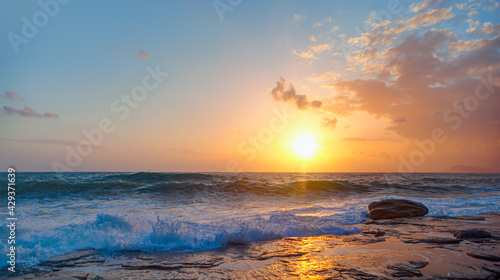 Power sea wave breaking on the shore at sunset - Alanya, Turkey