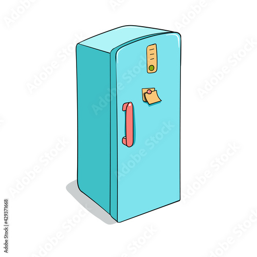 Blue fridge with stickers on it. Ccartoon style vector illustration. photo