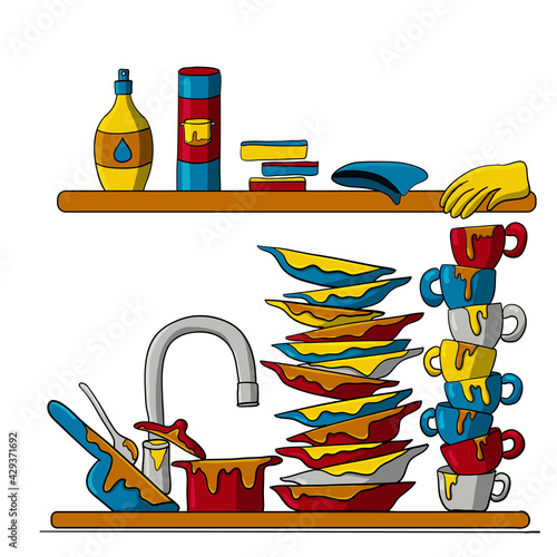 Dirty dishes in the kitchen. Shelf with kitchen appliances. Cartoon style vector illustration.