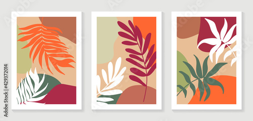 Mountain and Botanical wall art vector set. Earth tones landscapes wallpaper. Oasis Tropical backgrounds collection with mountain, sand, palm,Twigs leaf, moon or sun. Vector illustration.