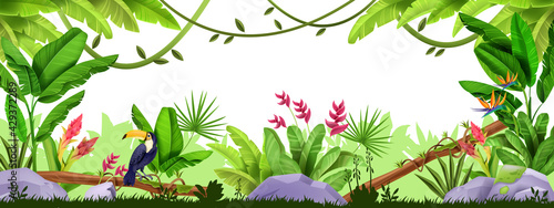 Jungle vector frame, rainforest exotic border, wildlife tropical nature banner, banana leaves, toucan, liana. Environmental game Hawaii background, Amazon floral banner. Jungle frame, stone, flowers