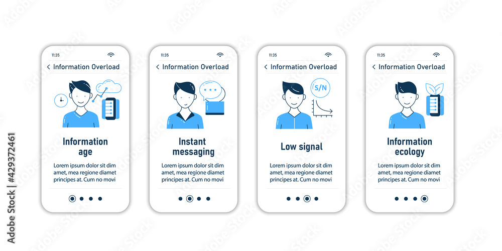 Information overload onboarding mobile app screens. Consists of info age, instant messaging, low signal, info ecology steps menu. Set of UI, UX, web template with RGB color linear icons Information overload onboarding mobile app screens. Consists of info age, instant messaging, low signal, info ecology steps menu. Set of UI, UX, web template with RGB color linear icons