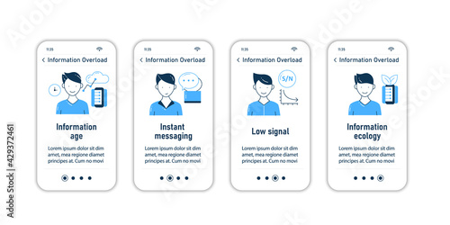 Information overload onboarding mobile app screens. Consists of info age, instant messaging, low signal, info ecology steps menu. Set of UI, UX, web template with RGB color linear icons