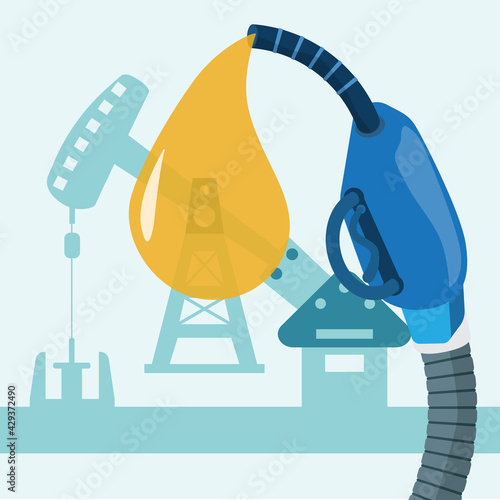 pump head and oil on Rig background.vector concept for design.Modern flat pictogram.Gasoline pump nozzle with drop. illustration photo