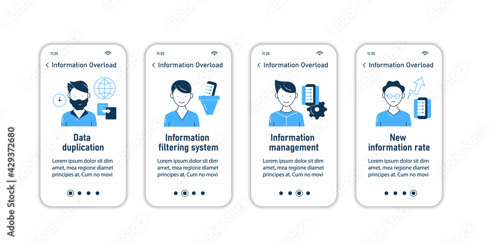 Information overload onboarding mobile app screens. Consists of data duplication, filtering system, info management, new rate steps menu. Set of UI, UX, web template with RGB color linear icons Information overload onboarding mobile app screens. Consists of data duplication, filtering system, info management, new rate steps menu. Set of UI, UX, web template with RGB color linear icons