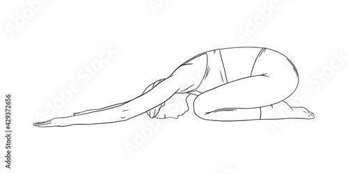 Relaxing yoga pose. Woman in balasana or extended childs pose. Sketch vector illustration photo