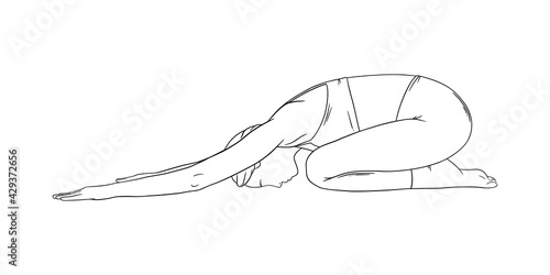 Relaxing yoga pose. Woman in balasana or extended childs pose. Sketch vector illustration