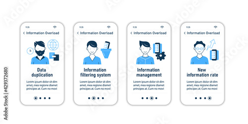 Information overload onboarding mobile app screens. Consists of data duplication, filtering system, info management, new rate steps menu. Set of UI, UX, web template with RGB color linear icons