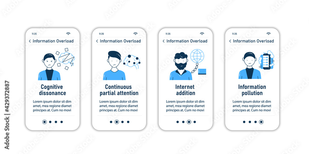Information overload onboarding mobile app screens.Consists of cognitive dissonance, partial attention, internet addition,info pollutionsteps menu.Set of UI,UX,web template with RGB color linear icons