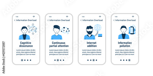 Information overload onboarding mobile app screens.Consists of cognitive dissonance, partial attention, internet addition,info pollutionsteps menu.Set of UI,UX,web template with RGB color linear icons