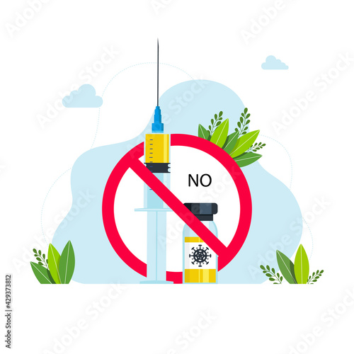 no vaccine in the crossed out red circle syringe. Medical syringe in red crossed out circle. Vector illustration of a syringe and coronavirus vaccine with a red crossed out circle. No Vaccination sign