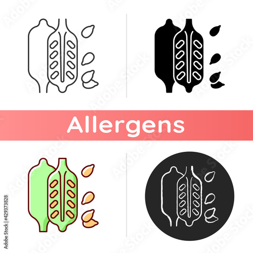 Sesame icon. Food ingredient, cooking seasoning. Nutritious additives. Condiment for cookery. Cause of allergy. Common allergen. Linear black and RGB color styles. Isolated vector illustrations