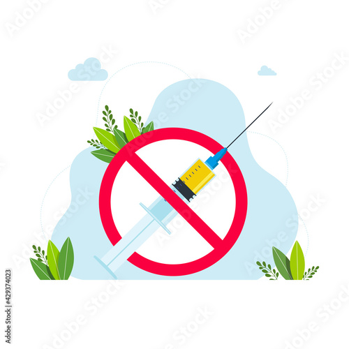no vaccine in the crossed out red circle syringe. Medical syringe in red crossed out circle. Vector illustration of a syringe and coronavirus vaccine with a red crossed out circle. No Vaccination sign